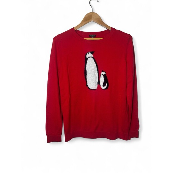 TALBOTS‎ Cashmere Blend Sweater Top Penguin Crewneck Red M Preppy Holiday - Picture 1 of 4